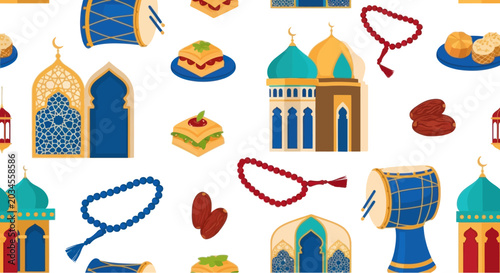 Photos Ramadan Kareem Seamless Pattern: Mosques, Dates, Baklava, Drums, Prayer Beads