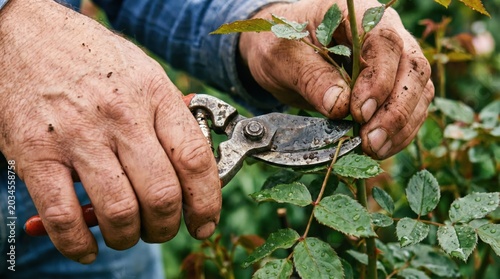 Senior gardener pruning rose bush with hand shears in spring garden for plant maintenance and healthy growth