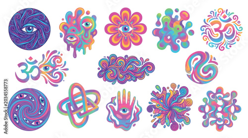 Photos Psychedelic Abstract Symbols and Icons with Eyes and Om Symbol.