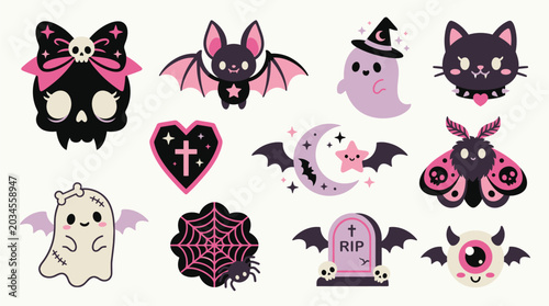 Tablou pe pânză Cute Kawaii Halloween Icons Set Featuring Ghosts, Bats, Black Cat, Skull, and Spiderweb