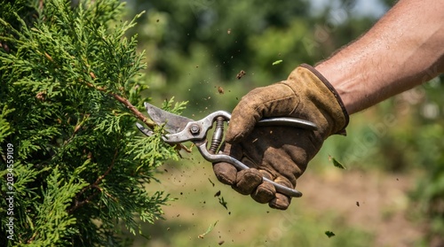 Close up of a male gardener using pruning shears to trim a cedar hedge in a sunny backyard garden