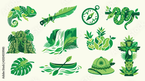Tableau sur toile Jungle adventure elements collection, including animals, plants, and exploration gear, all in a green leaf illustration style