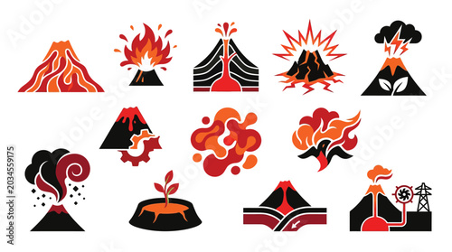 Tableau sur toile Collection of stylized volcano icons representing different stages of eruption and geological processes