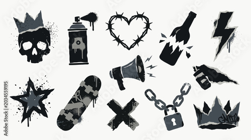 Fotografía Collection of grunge-style graphic elements including a skull, spray can, broken bottle, and lightning bolt