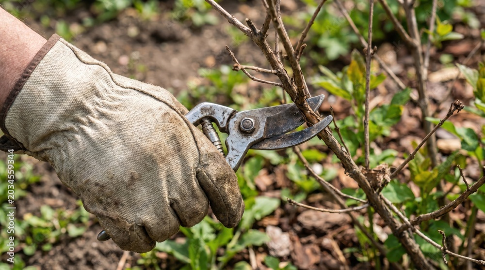 Fototapeta premium Gardener wearing protective gloves pruning dry shrub branches with sharp secateurs for spring garden maintenance and plant care