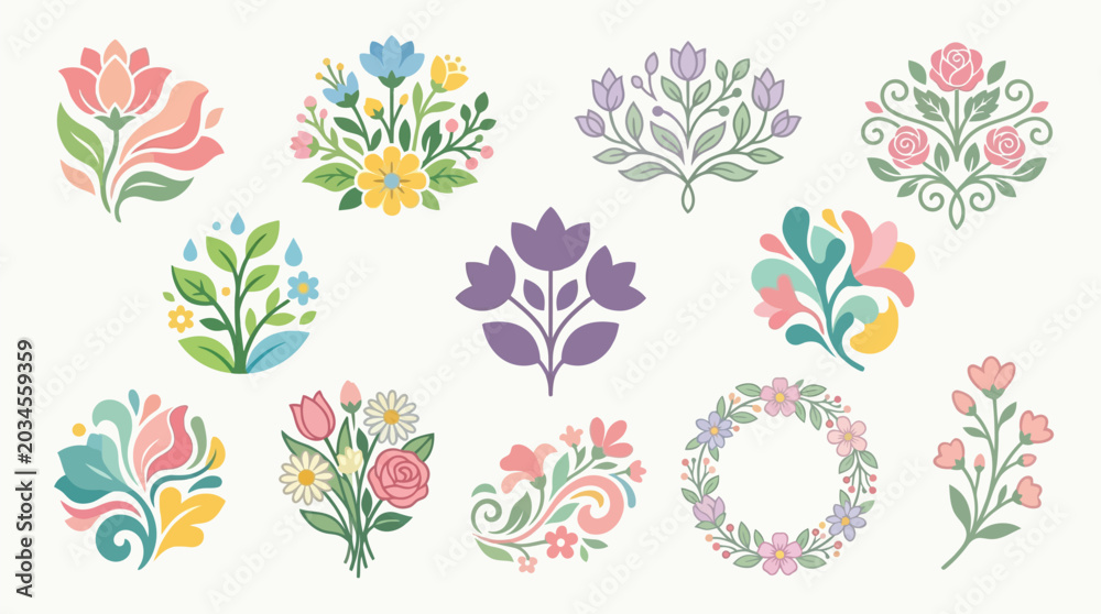 Obraz premium Collection of stylized floral emblems and decorative elements in pastel colors.