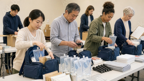 Community disaster preparedness workshop sorting blank emergency kits