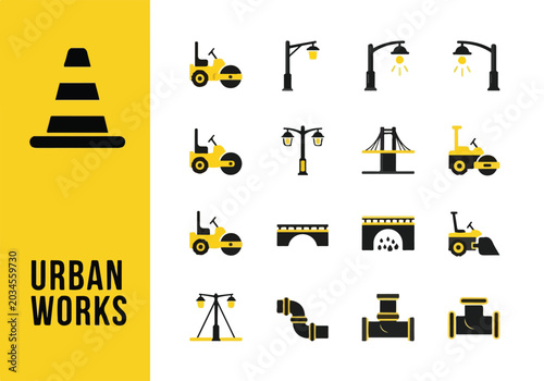 Картината върху платно Urban Works Icons. Construction and City Elements. Flat Design.