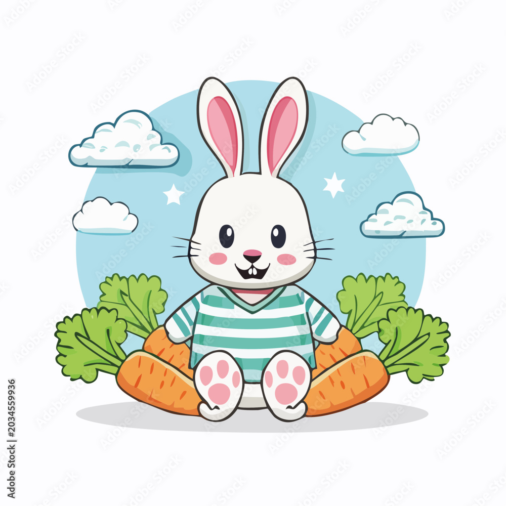 Fototapeta premium Cute cartoon rabbit sitting with carrots and clouds