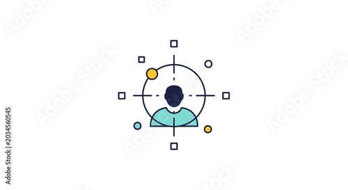 A stylized illustration of a person in a targeting reticle with colorful geometric shapes.