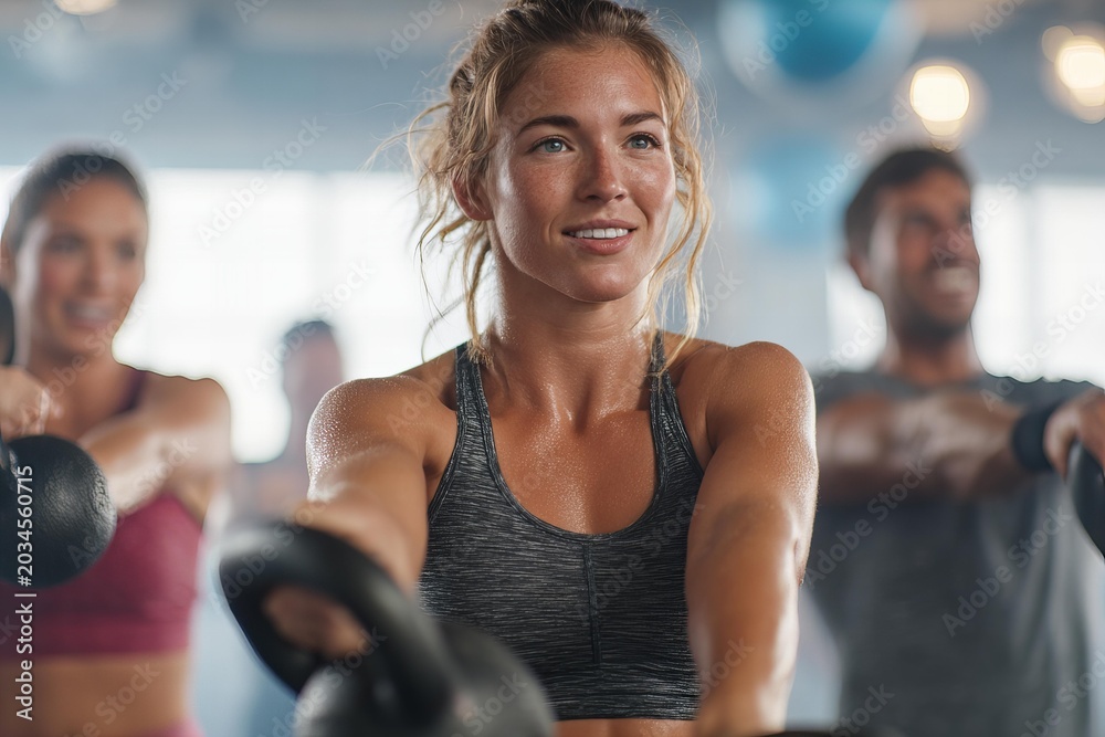 Fototapeta premium Fit woman sweating during a kettlebell workout in a gym
