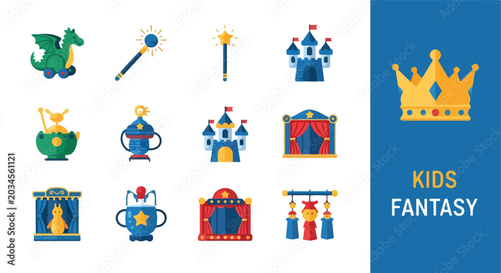 Fototapeta premium Fantasy Icons Set. Kids Magic Objects Collection. Vector Illustration