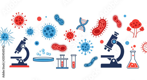 Bild auf Leinwand Microbiology Laboratory: Viruses, Bacteria, DNA, Microscopes, Test Tubes, Petri