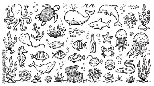 Set of Under the sea doodles, hand drawn, vector, black and white. dolphin, squid, turtle, shark, fish