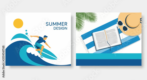 Schilderij op canvas Surfing Man on Wave, Beach Towel with Book and Hat, Summer Beach Vibes