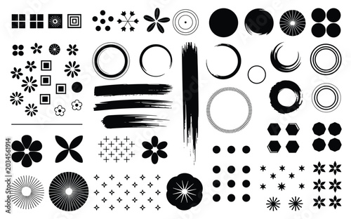 Tablou pe pânză Set of Graphic Elements: A collection of diverse abstract shapes and patterns, including circles, flowers, brush strokes, and geometric designs, offering versatility for creative projects