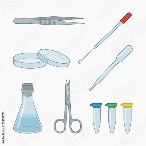 Collection of scientific laboratory equipment and tools for research and experiments