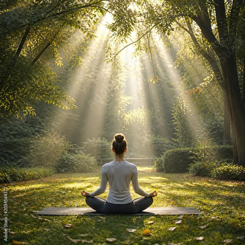 A person meditating in a yoga pose in a forest clearing bathed in soft, ethereal sun rays