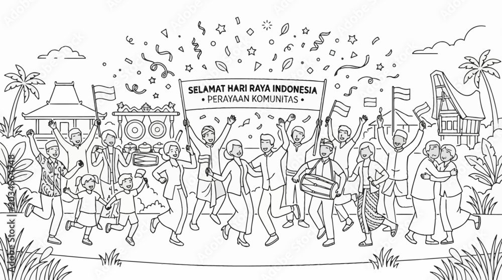 Obraz premium Group of diverse Indonesian people celebrating Independence Day with joy and excitement.