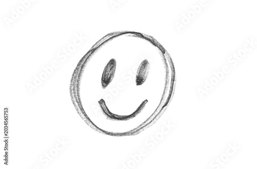 Hand drawn black smiley face icon png. Minimalist crayon style sketch of a happy smile face emoji, doodle illustration.