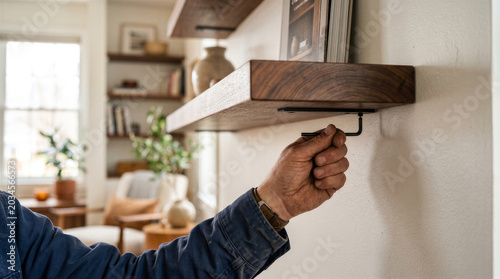 Closeup of a persons hand using an allen wrench to tighten a screw on the underside of a wooden floating shelf mounted on a wall