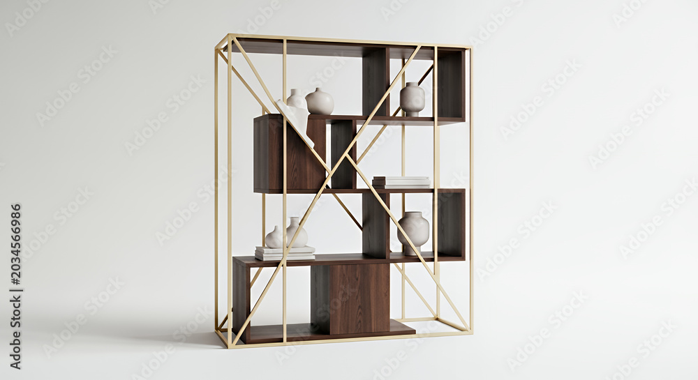Naklejka premium modern geometric bookshelf with gold frame and dark wood elements 