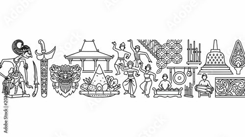 Foto Indonesian Culture Icons Seamless Banner Line Art Illustration.