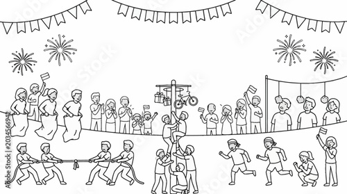 Photos Group of people participating in traditional outdoor village festival games and activities