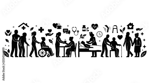 Black and white vector illustration of elderly care and nursing services.