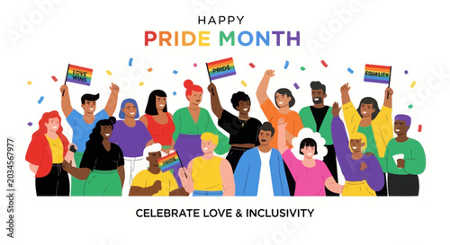 Happy Pride Month Diverse People Celebrate Love and Inclusivity with Rainbow Flags