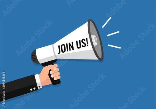 Foto Hand holding megaphone with Join Us message