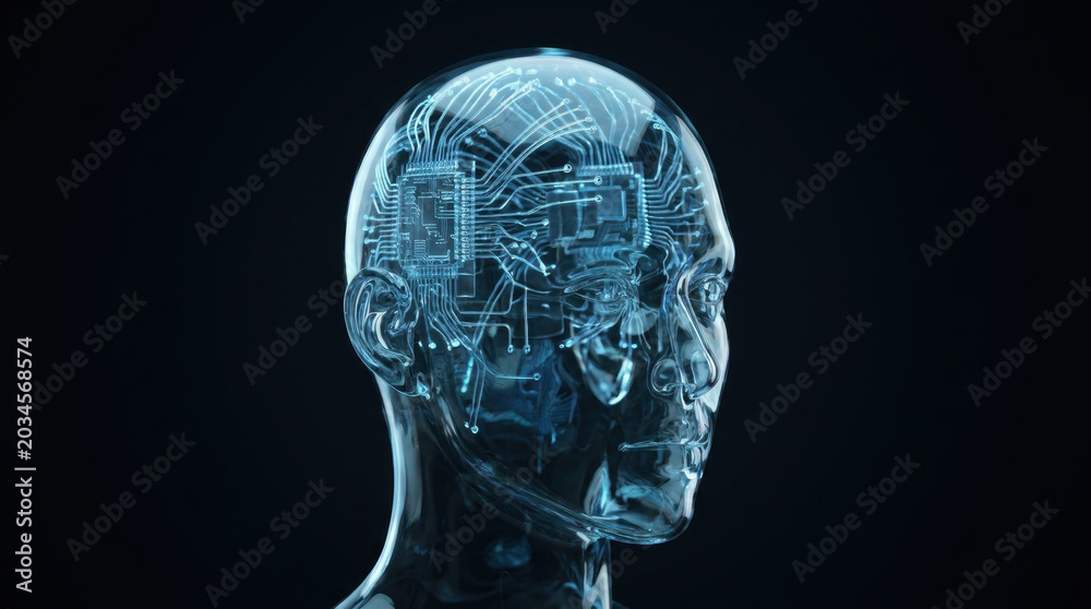 Obraz premium Artificial intelligence robot android cyborg circuit technology digital future machine Humanoid robot head with glowing circuit pattern, futuristic artificial intelligence concept, technology