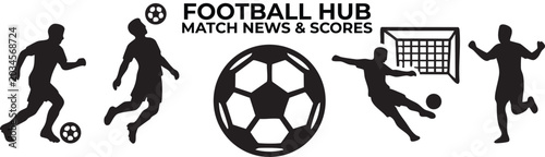 Vászonkép Football ball icon with halftone texture and players silhouettes, match score vi