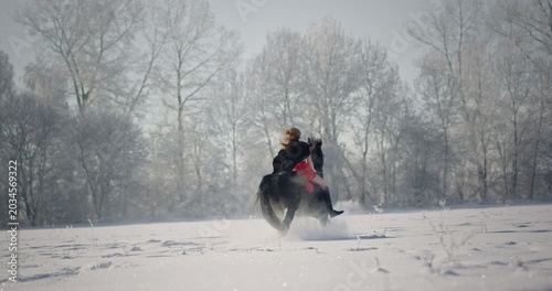 Beautiful woman galloping a powerful horse in a snowy winter forest