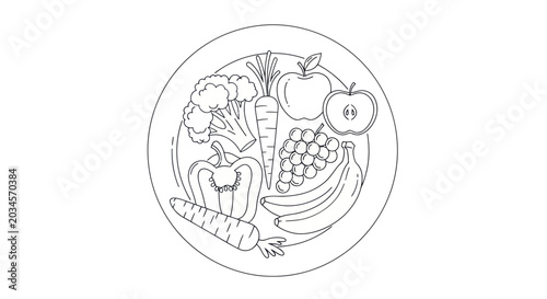 Bild auf Leinwand Healthy Food Outline: Fruits and Vegetables on a Plate - Vector Illustration