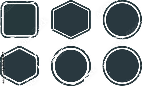 Set of dark blank grunge stamps with various shapes on transparent backdrop.