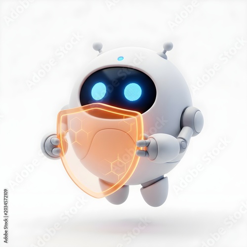Cute AI Robot Holding Digital Shield for Cybersecurity Protection