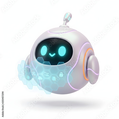 Cute 3D AI robot assistant with holographic interface on white