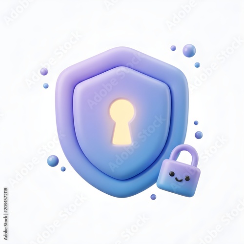 3D Purple Shield with Glowing Keyhole and Cute Padlock for Security