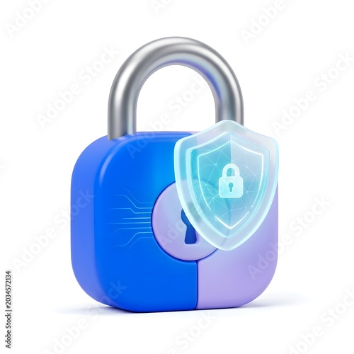 3D Digital Security Concept with Blue Padlock and Protective Shield