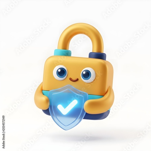 Cute 3D Padlock Mascot Holding Security Shield with Checkmark