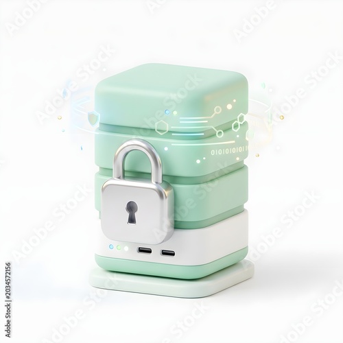 Secured Data Storage Device: A stack of mint green and white data storage units are secured with a silver padlock and surrounded by abstract digital circuit elements and glowing data streams.