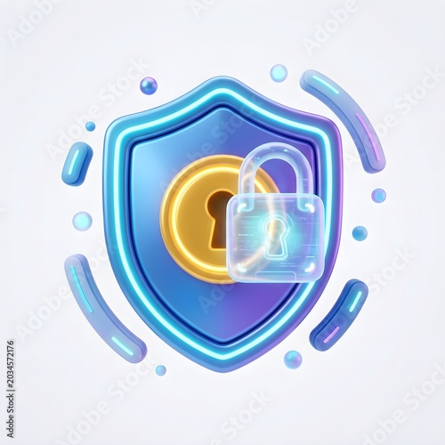 3D Digital Security Concept with Shield Gold Coin and Padlock