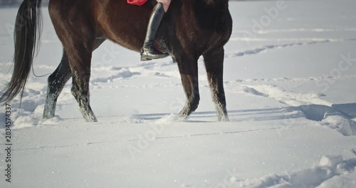 Woman riding a beautiful brown horse galloping in deep snow