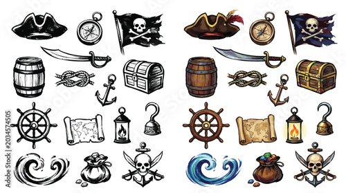 Bild auf Leinwand Collection of pirate-themed icons and symbols in both black and white and color versions, including hats, flags, treasure chests, and more