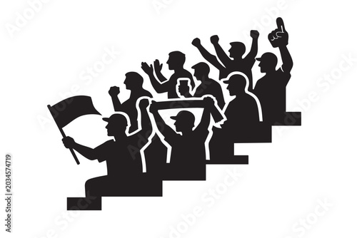 Konstfotografi People crowd cheering with raised hands and flag on bleachers featuring stadium,