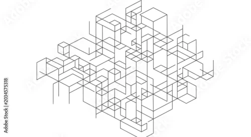 Fototapeta samoprzylepna Abstract 3D geometric isometric grid pattern of interconnected lines. Modern technology, data, or architectural structure background.