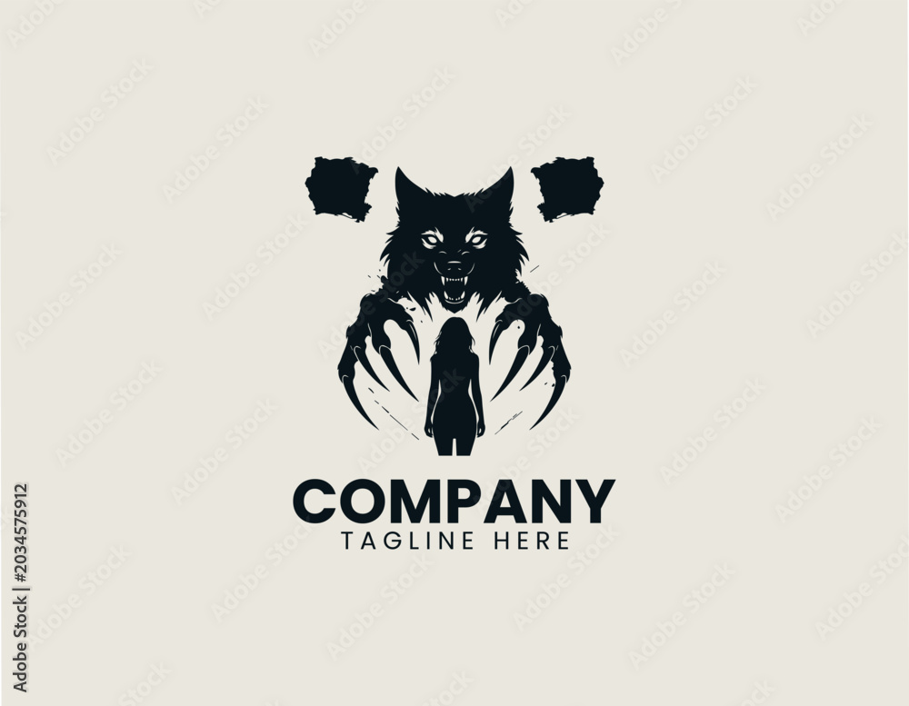 Fototapeta premium Mystical wolf spirit silhouette is displayed with female figure in dark fantasy vector illustration