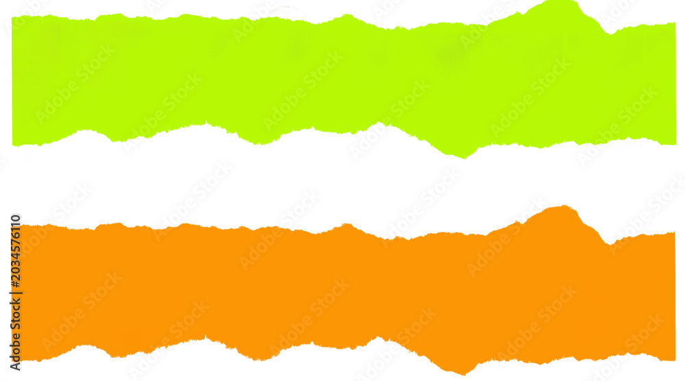 Fototapeta premium Torn paper banners in neon green and orange, ripped paper edges with rough texture, vibrant paper strips for graphic design and web headers