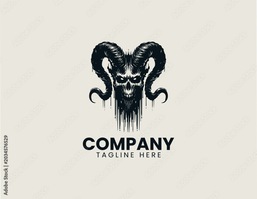 Fototapeta premium Dark demon skull silhouette with horns in gothic black vector illustration